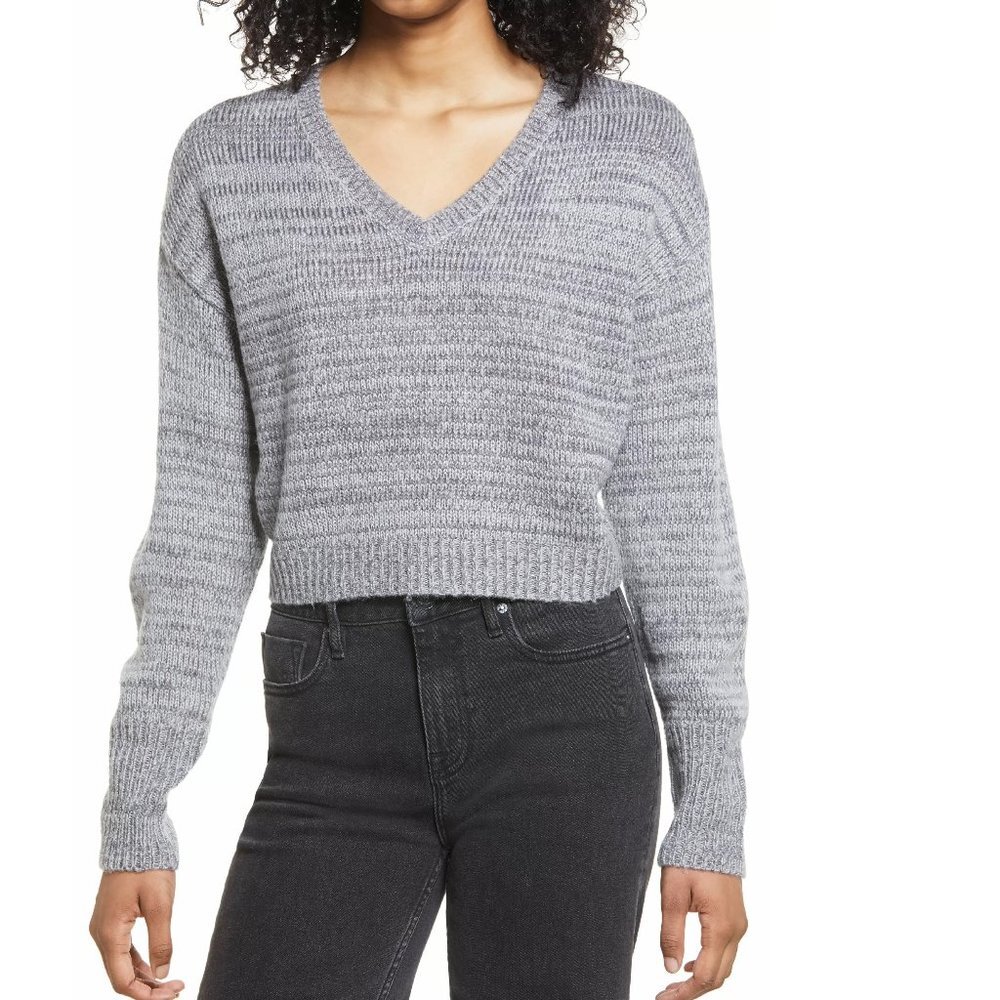 BP. V-neck Crop Sweater In Grey Dark Heather